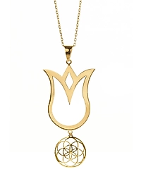 925 Ayar Gerçek Gümüş Altın Renkli Yaşam Çiçeği Uçlu Lale Kolye