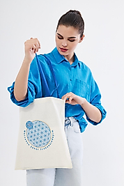 Yaşam Çiçeği Mavi Askılı Bez Çanta